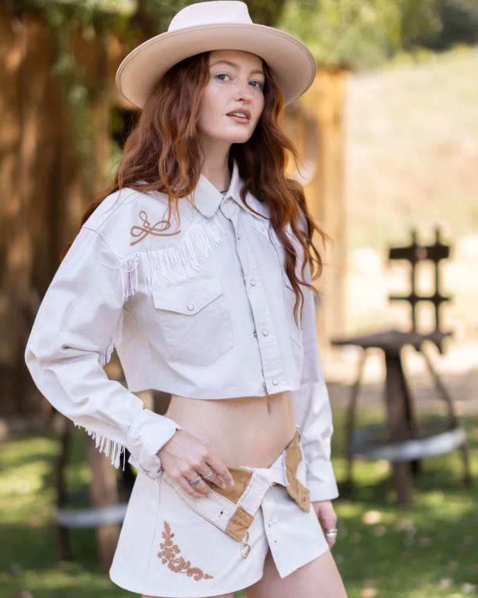 Film — The Alene: white fringe shirt and embroidered skirt