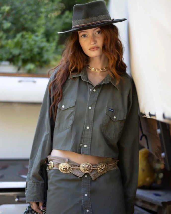 Film — The Megan: olive western shirt beside the wagon