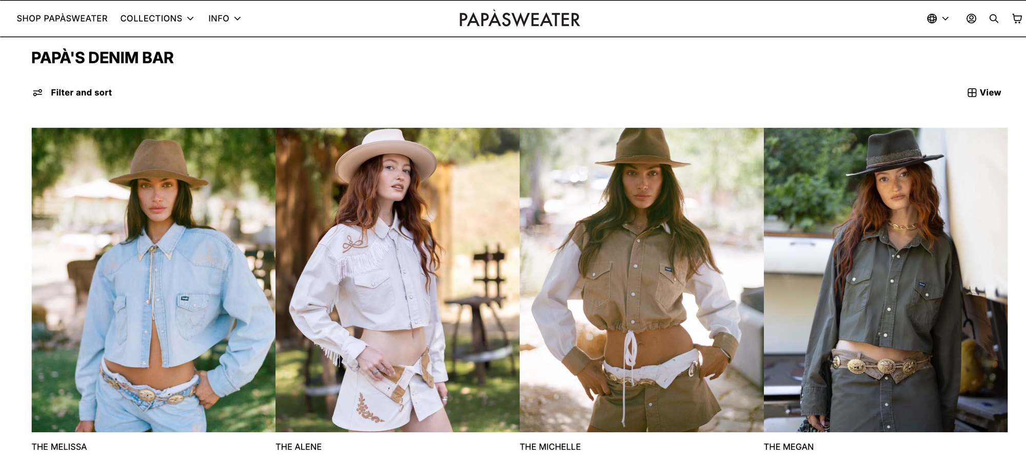 The Papà's Denim Bar collection page on papasweater.com, built from these photos